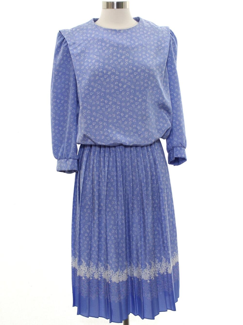 Vintage 1970s Amy-Deb Blue Floral Border Print Pleated Midi Dress Women's Medium
